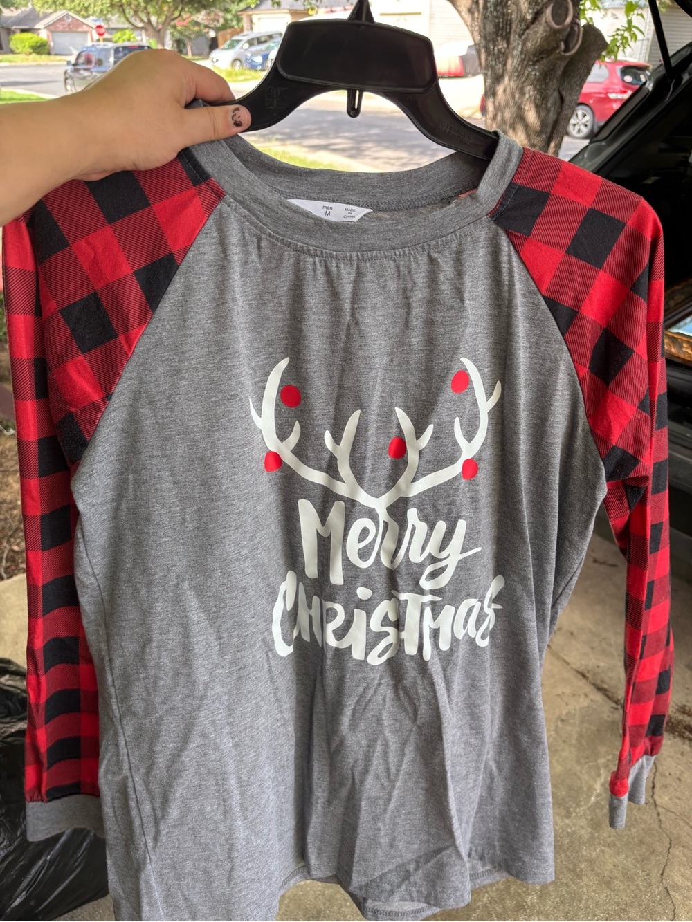 Merry Christmas adult Long-Sleeve Raglan Shirt - Gray & Red Plaid